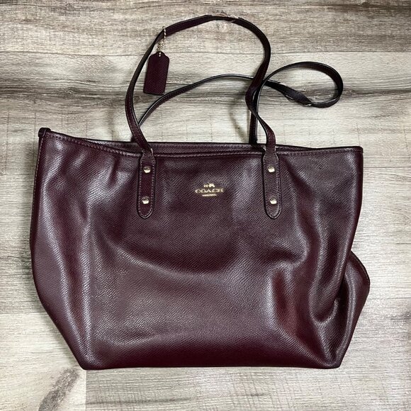 Coach Signature Leather Tote Shoulder Purse Medium Maroon Burgundy One Size - Picture 1 of 8